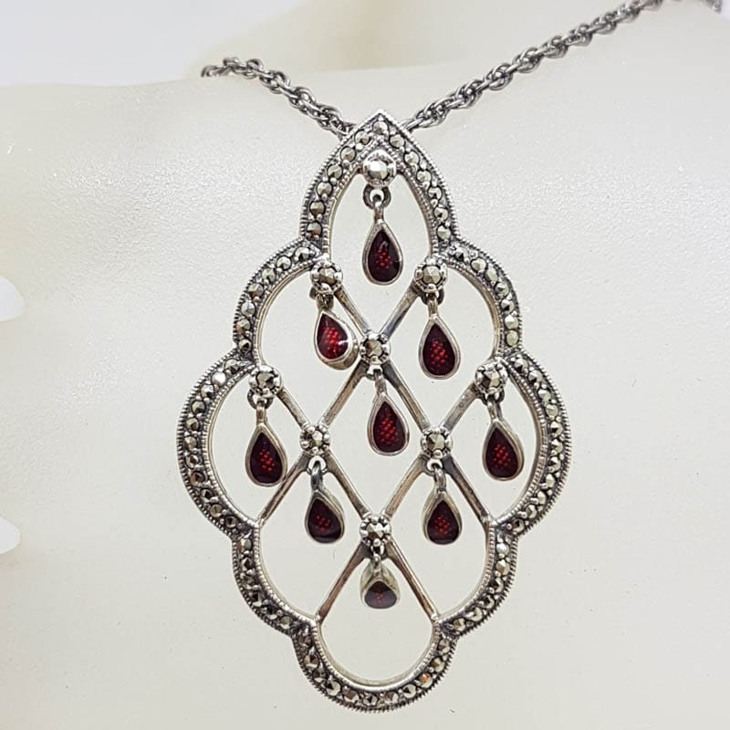 Sterling Silver Marcasite Large Open Design Pendant with Red Enamel Droplets Pendant on Silver Chain