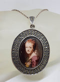 Sterling Silver Large Oval Marcasite &amp; Enamel Ladies Portrait Pendant on Sterling Silver Chain - Lady Face