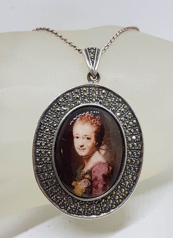 Sterling Silver Large Oval Marcasite &amp; Enamel Ladies Portrait Pendant on Sterling Silver Chain - Lady Face
