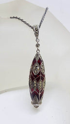Sterling Silver Marcasite, Ornate Red Enamel Long Drop Pendant on Sterling Silver Chain