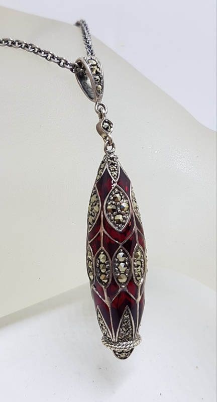 Sterling Silver Marcasite, Ornate Red Enamel Long Drop Pendant on Sterling Silver Chain