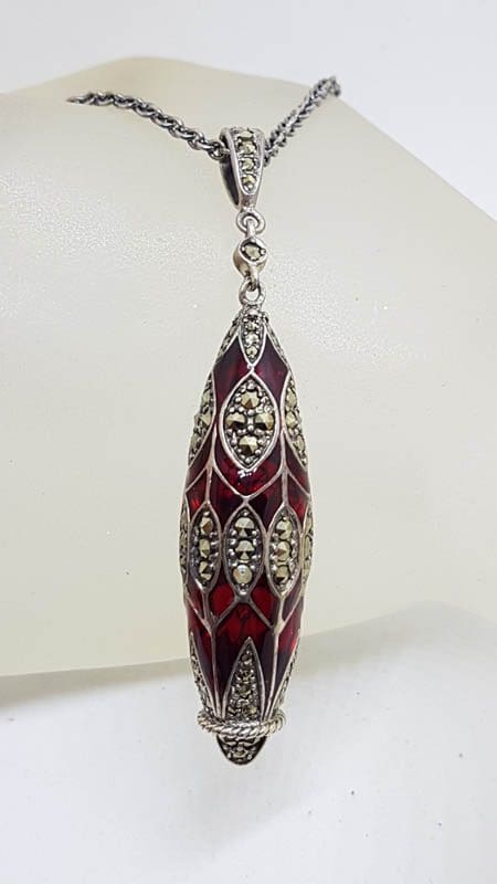 Sterling Silver Marcasite, Ornate Red Enamel Long Drop Pendant on Sterling Silver Chain