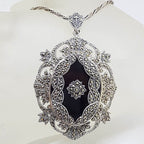 Sterling Silver Marcasite &amp; Onyx Large Ornate Oval Pendant on Sterling Silver Chain