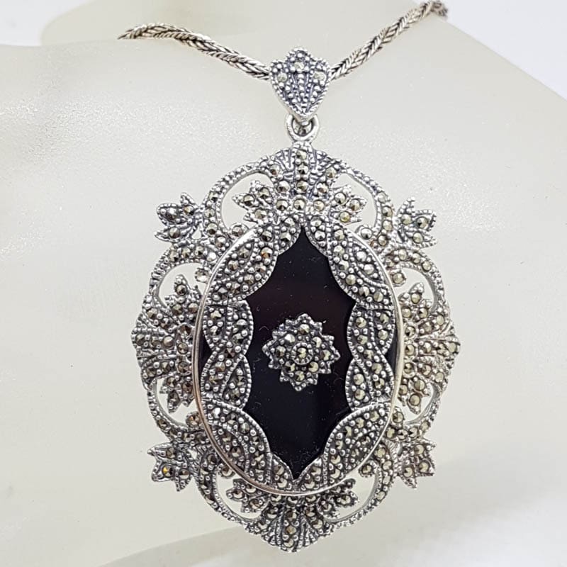 Sterling Silver Marcasite &amp; Onyx Large Ornate Oval Pendant on Sterling Silver Chain