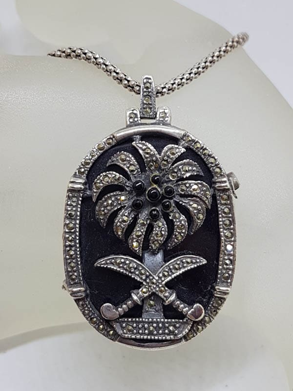 Sterling Silver Marcasite &amp; Onyx Swords and Palm Tree Large Oval Pendant on Sterling Silver Chain