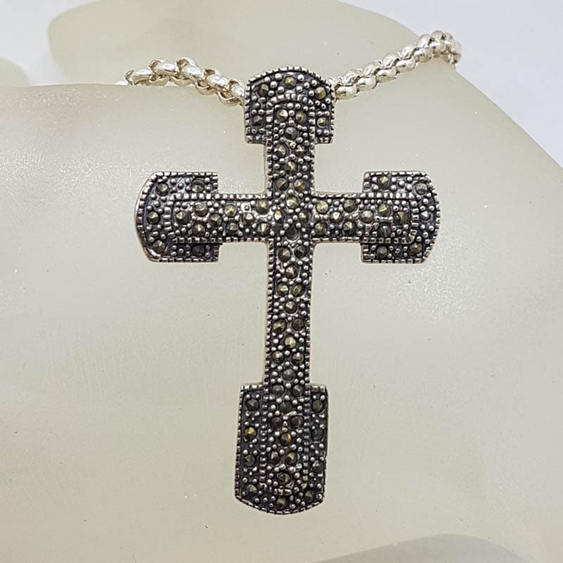 Sterling Silver Marcasite Large Cross / Crucifix Pendant on Sterling Silver Chain