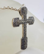 Sterling Silver Marcasite Large Cross / Crucifix Pendant on Sterling Silver Chain