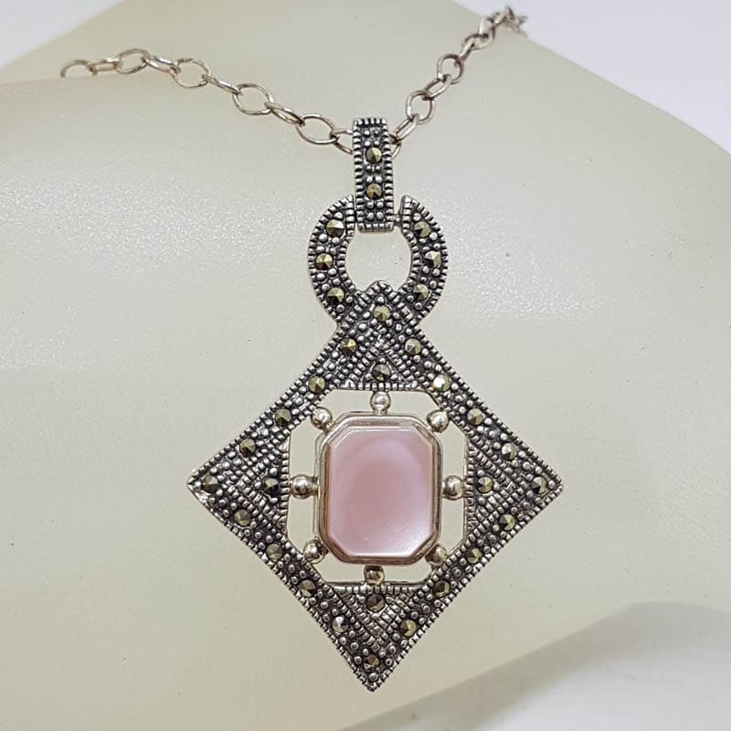 Sterling Silver Marcasite &amp; Pink Mother of Pearl Pendant on Sterling Silver Chain