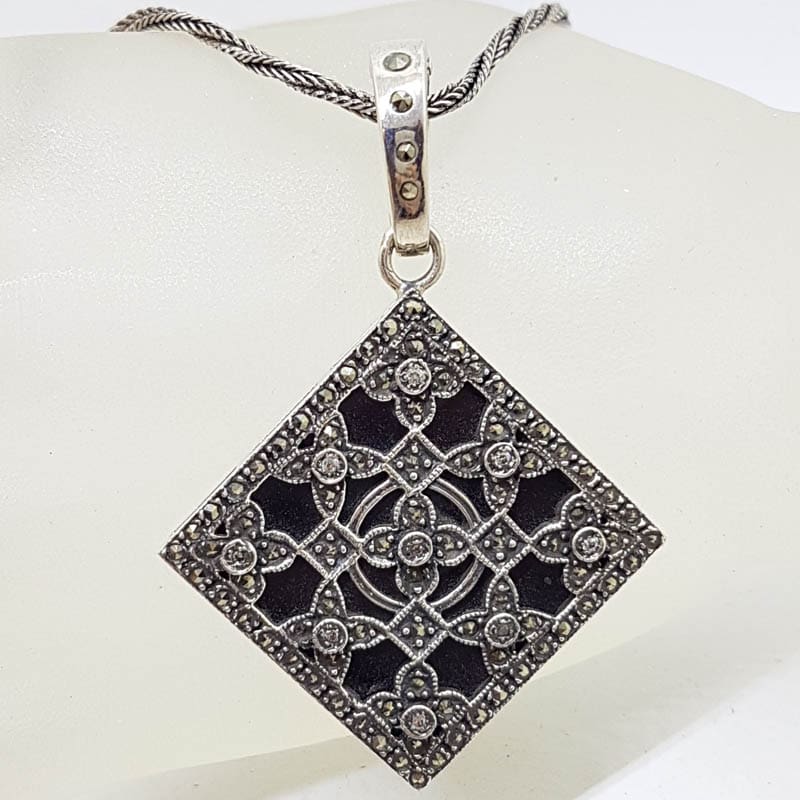 Sterling Silver Marcasite, Cubic Zirconia &amp; Onyx Large Ornate Square Enhancer Pendant on Sterling Silver Chain