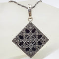 Sterling Silver Marcasite, Cubic Zirconia &amp; Onyx Large Ornate Square Enhancer Pendant on Sterling Silver Chain