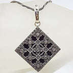 Sterling Silver Marcasite, Cubic Zirconia &amp; Onyx Large Ornate Square Enhancer Pendant on Sterling Silver Chain