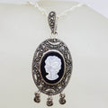 Sterling Silver Marcasite, Onyx and Mother of Pearl Cameo Pendant on Sterling Silver Chain