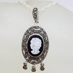 Sterling Silver Marcasite, Onyx and Mother of Pearl Cameo Pendant on Sterling Silver Chain