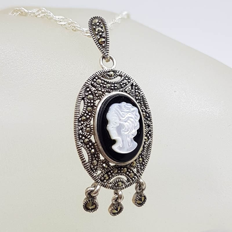 Sterling Silver Marcasite, Onyx and Mother of Pearl Cameo Pendant on Sterling Silver Chain