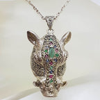 Sterling Silver Very Large Marcasite, Emerald, Ruby and Sapphire Boar Head Pendant on Sterling Silver Chain