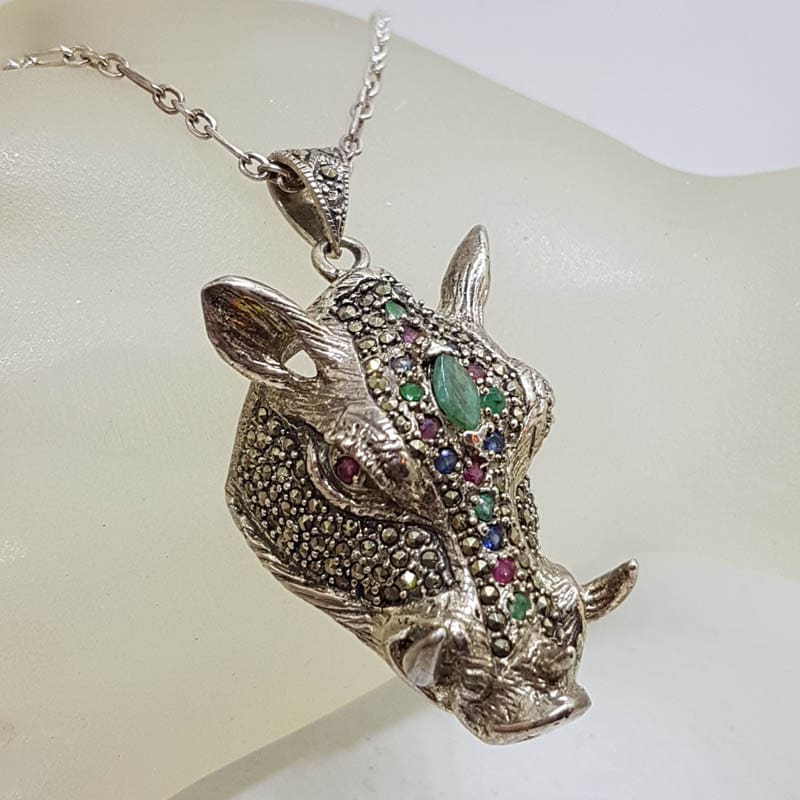 Sterling Silver Very Large Marcasite, Emerald, Ruby and Sapphire Boar Head Pendant on Sterling Silver Chain