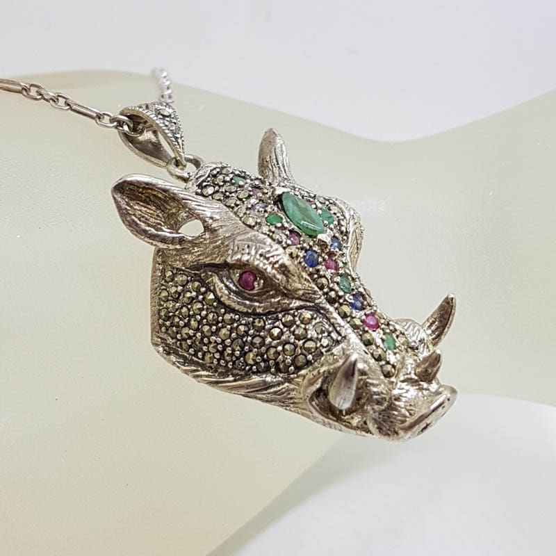 Sterling Silver Very Large Marcasite, Emerald, Ruby and Sapphire Boar Head Pendant on Sterling Silver Chain