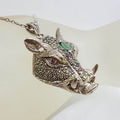 Sterling Silver Very Large Marcasite, Emerald, Ruby and Sapphire Boar Head Pendant on Sterling Silver Chain