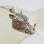 Sterling Silver Very Large Marcasite, Emerald, Ruby and Sapphire Boar Head Pendant on Sterling Silver Chain