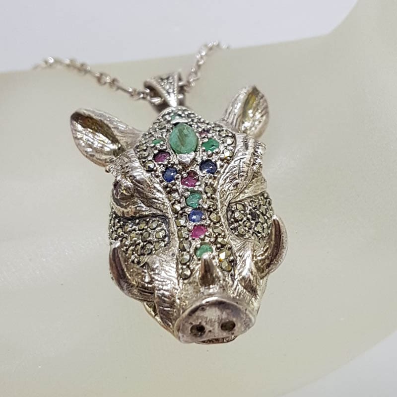 Sterling Silver Very Large Marcasite, Emerald, Ruby and Sapphire Boar Head Pendant on Sterling Silver Chain