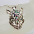 Sterling Silver Very Large Marcasite, Emerald, Ruby and Sapphire Boar Head Pendant on Sterling Silver Chain