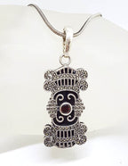 Sterling Silver Large Ornate Onyx, Marcasite and Garnet Art Deco Style Pendant on Silver Chain