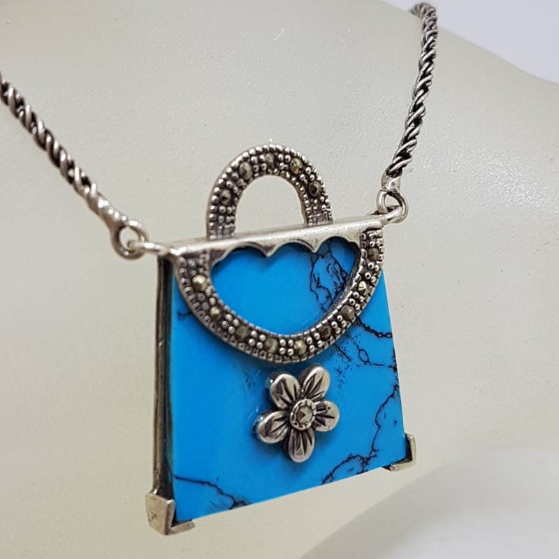 Sterling Silver Marcasite with Blue Handbag Long Necklace / Chain