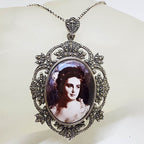 Sterling Silver Marcasite &amp; Enamel Ladies Portrait Ornate Pendant on Sterling Silver Chain - Lady Head