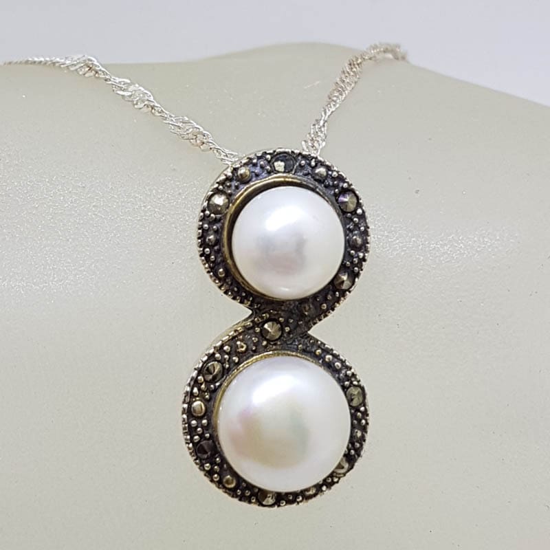 Sterling Silver Marcasite &amp; Pearl Twist Pendant on Sterling Silver Chain
