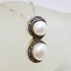 Sterling Silver Marcasite &amp; Pearl Twist Pendant on Sterling Silver Chain