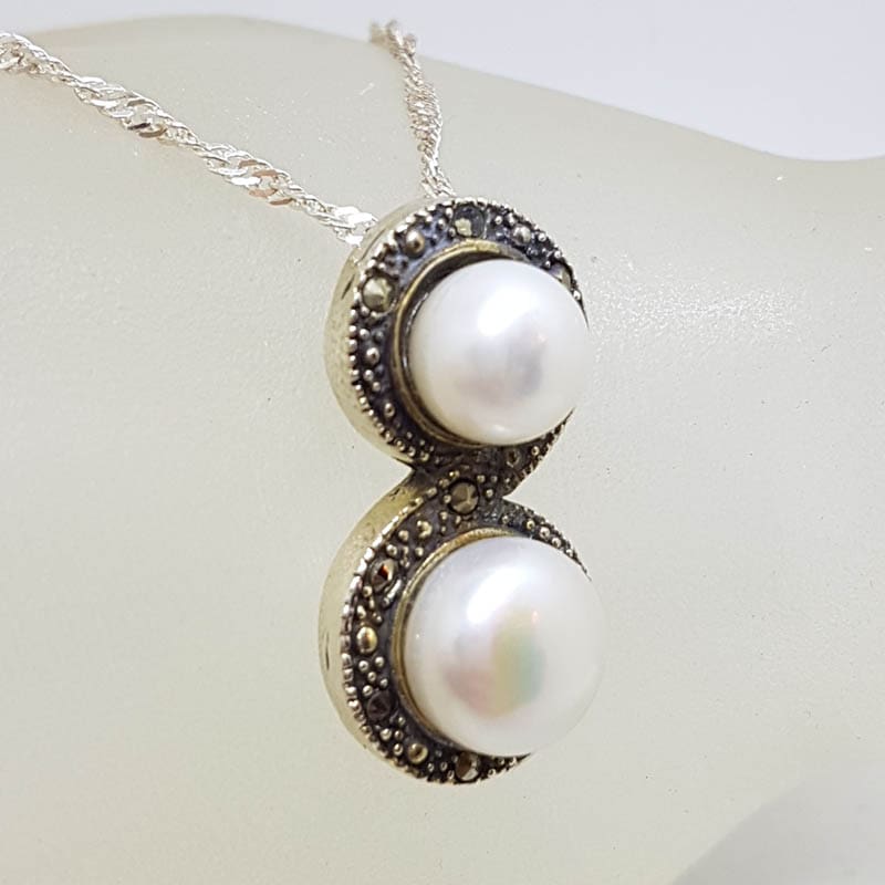 Sterling Silver Marcasite &amp; Pearl Twist Pendant on Sterling Silver Chain