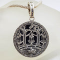 Sterling Silver Very Large Round Marcasite and Black Onyx Ornate Design Enhancer Pendant on Silver Chain - Swan on Lake in Front of Bridge and Trees Scenery - Romantic Chinese Garden Scene