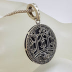 Sterling Silver Very Large Round Marcasite and Black Onyx Ornate Design Enhancer Pendant on Silver Chain - Swan on Lake in Front of Bridge and Trees Scenery - Romantic Chinese Garden Scene