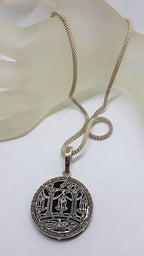 Sterling Silver Very Large Round Marcasite and Black Onyx Ornate Design Enhancer Pendant on Silver Chain - Swan on Lake in Front of Bridge and Trees Scenery - Romantic Chinese Garden Scene
