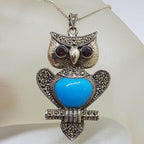 Sterling Silver Large Marcasite with Blue Body &amp; Red Eyes Owl Pendant on Sterling Silver Chain