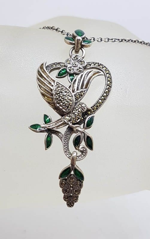 Sterling Silver Marcasite, Green &amp; Red Enamel Long Floral with Bird Pendant on Sterling Silver Chain