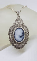 Sterling Silver Ornate Large Marcasite &amp; Cameo - Blue Agate - Ladies Face Pendant on Sterling Silver Chain