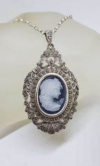 Sterling Silver Ornate Large Marcasite &amp; Cameo - Blue Agate - Ladies Face Pendant on Sterling Silver Chain