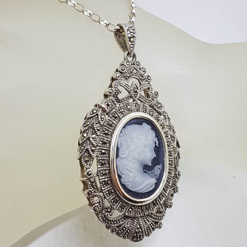 Sterling Silver Ornate Large Marcasite &amp; Cameo - Blue Agate - Ladies Face Pendant on Sterling Silver Chain