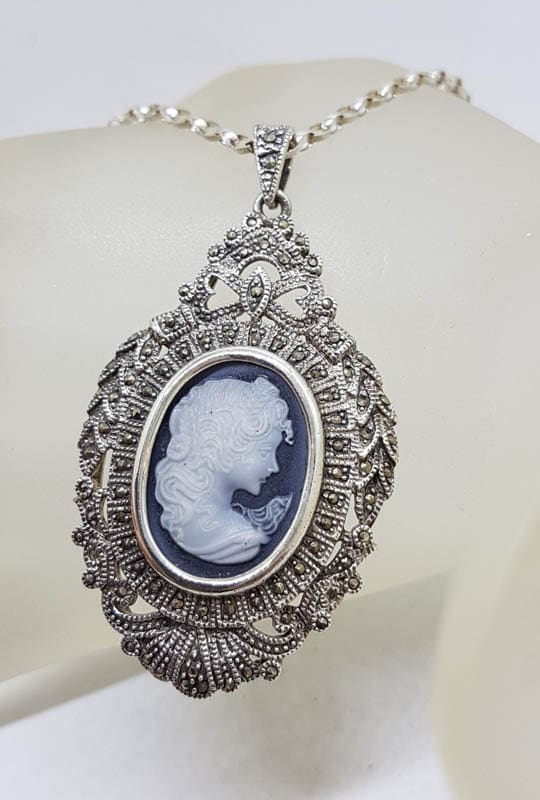 Sterling Silver Ornate Large Marcasite &amp; Cameo - Blue Agate - Ladies Face Pendant on Sterling Silver Chain