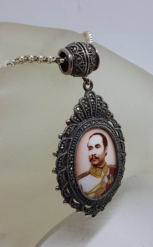 Sterling Silver Marcasite Large Oval Enamel Locket (Prince of Thailand) Pendant on Sterling Silver Chain
