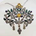 Sterling Silver Marcasite with Citrine and Green Enamel Large Floral Ornate Pendant on Sterling Silver Chain