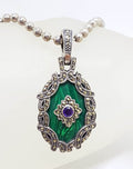 Sterling Silver Large Oval Ornate Marcasite with Malachite and Amethyst Enhancer Pendant on Chain