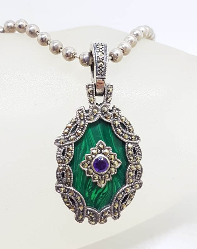 Sterling Silver Large Oval Ornate Marcasite with Malachite and Amethyst Enhancer Pendant on Chain