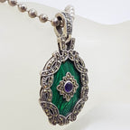 Sterling Silver Large Oval Ornate Marcasite with Malachite and Amethyst Enhancer Pendant on Chain