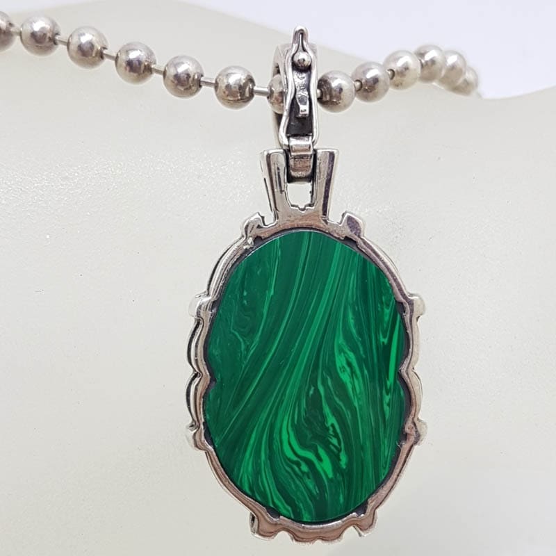 Sterling Silver Large Oval Ornate Marcasite with Malachite and Amethyst Enhancer Pendant on Chain