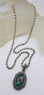 Sterling Silver Large Oval Ornate Marcasite with Malachite and Amethyst Enhancer Pendant on Chain