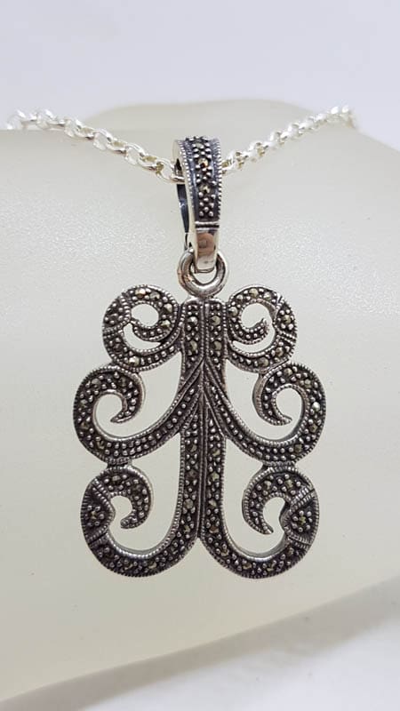 Sterling Silver Large Marcasite Ornate Design Enhancer Pendant on Silver Chain