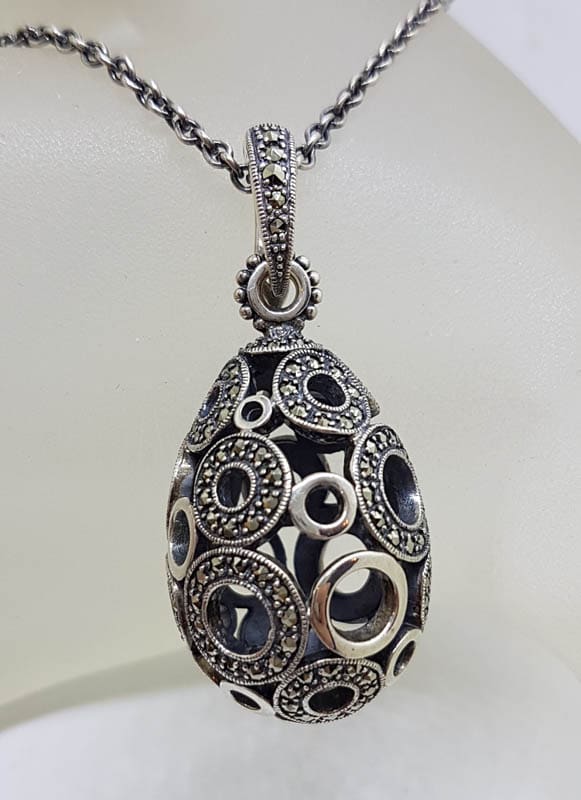 Sterling Silver Large Open Circle Design Large Egg / Oval Shaped Marcasite Enhancer Pendant on Silver Chain