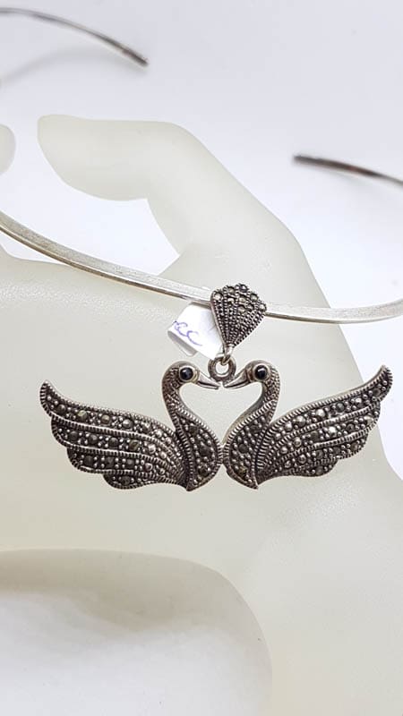 Sterling Silver Marcasite Two Swan Bird Pendant on Silver Choker